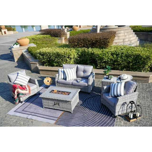 5-Piece Patio Conversation Set PE Rattan Wicker 4-Seater Furniture Sofa Set with Gas Fire Pit Table - Gray