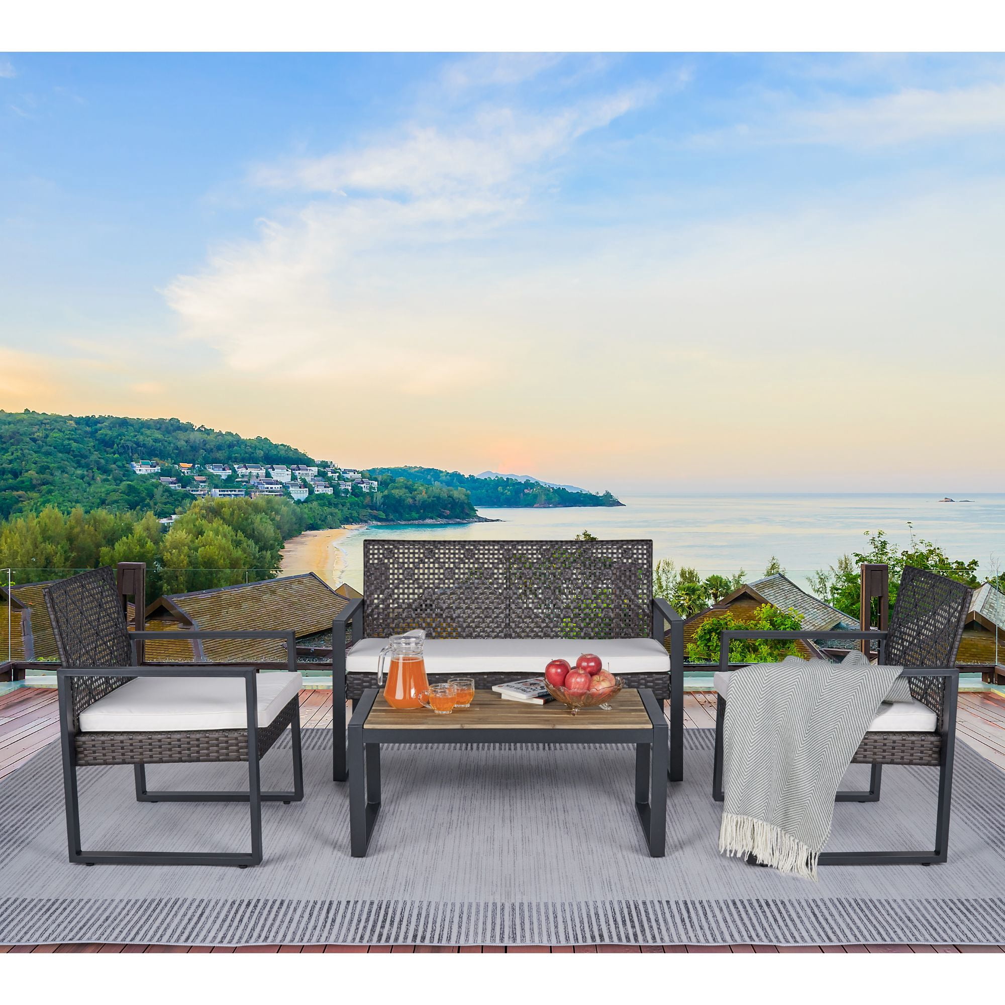 4-Piece Patio Conversation Sets, 2022 Upgrade All-Weather Wicker Patio Furniture Set w/Seat Cushions & Glass Table Table, Outdoor Patio Sets for Porch Poolside Backyard Garden, 250lbs, SS729
