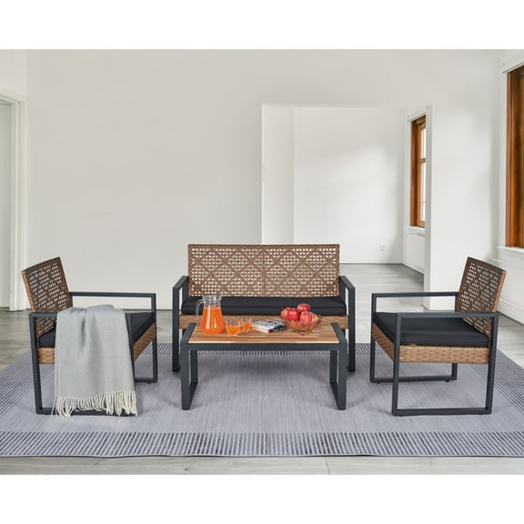 4-Piece Patio Conversation Sets, 2022 Upgrade All-Weather Wicker Patio Furniture Set w/Seat Cushions & Rattan Table Table, Outdoor Patio Sets for Porch Poolside Backyard Garden, 330lbs, SS749