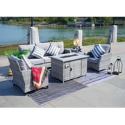 5-Piece Patio Conversation Sofa Set Outdoor Furniture Wicker Sectional Couch Set with Fire Pit Table, Gray