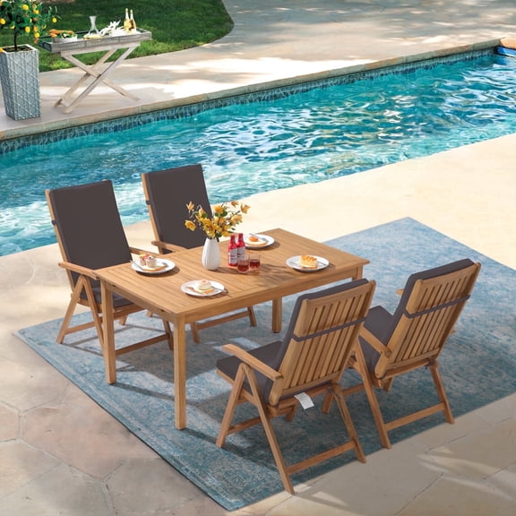 5 Piece Patio Dining Set, Outdoor Acacia Wood Furniture Set, Extendable Rectangular Table and 4 Foldable Reclining chairs /Removeable Cushion, FSC Certified, for Deck Garden Backyard
