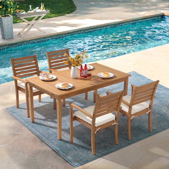 5 Piece Patio Dining Set, Outdoor Acacia Wood Furniture Set, Extendable Rectangular Table and 4 Stackable chairs w/Removeable Fabric Cushion, FSC Certified, for Deck Garden Backyard