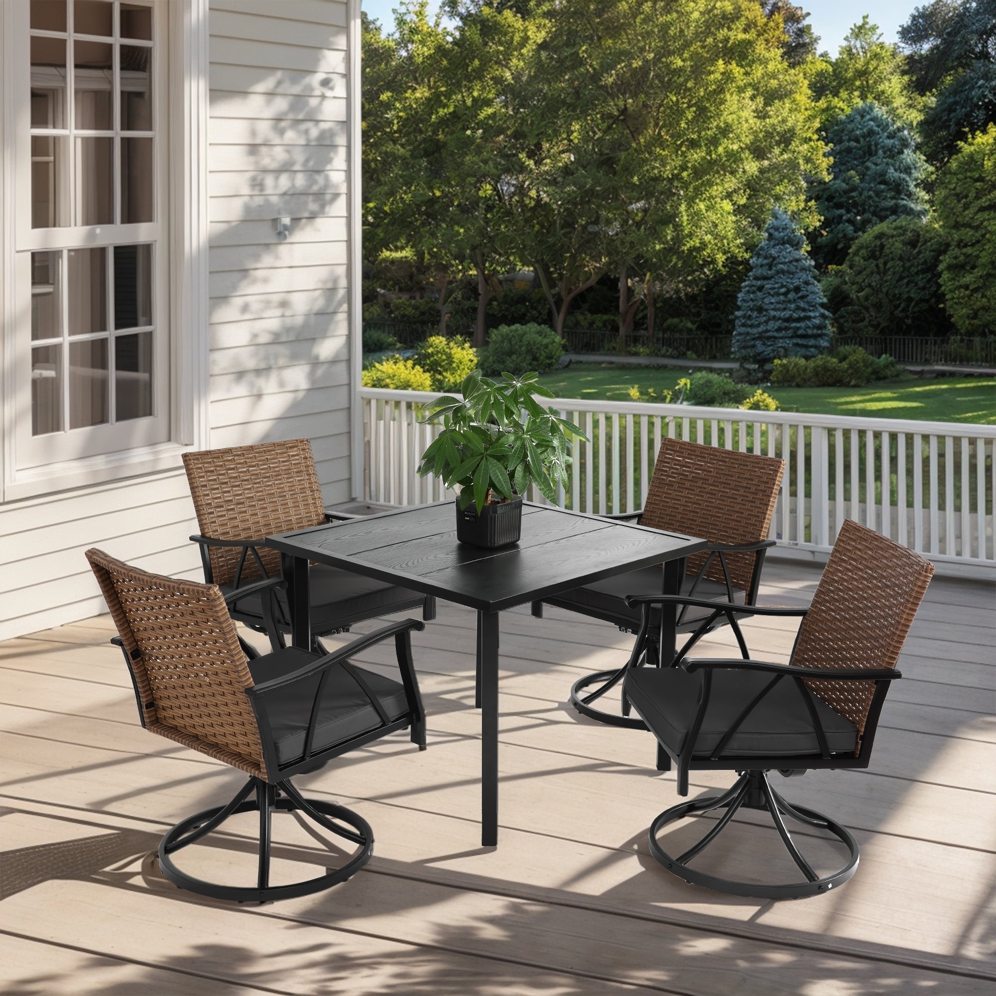 5 Piece Patio Dining Set,Outdoor Wicker Furniture Set with 4 Cushions Swivel Rocker Chairs,Steel Table Top,Removable Cushions for Backyard Garden Deck Poolside,Brown+Gray