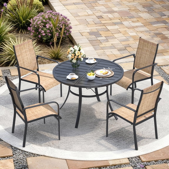 U-HOMY 5-Piece Patio Dining Set with Textilene Chairs and Iron Round Table, Outdoor Furniture with Umbrella Hole for Backyard Deck