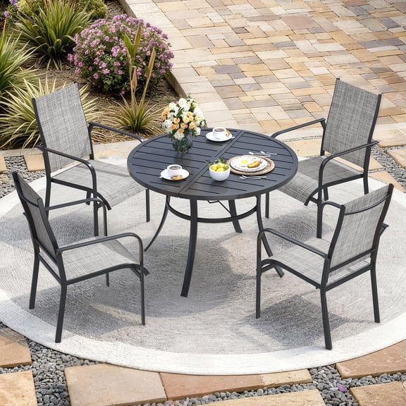 U-HOMY 5-Piece Patio Dining Set with Textilene Chairs and Iron Round Table, Outdoor Furniture with Umbrella Hole for Backyard Deck