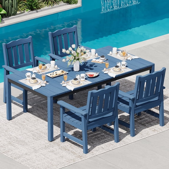 5 Piece Patio Dining Set, All Weather Rectangle Table and 4 Dinning Chairs with Umbrella Hole, Outdoor Garden Furniture Set for Backyard, Poolside, Porch, Blue