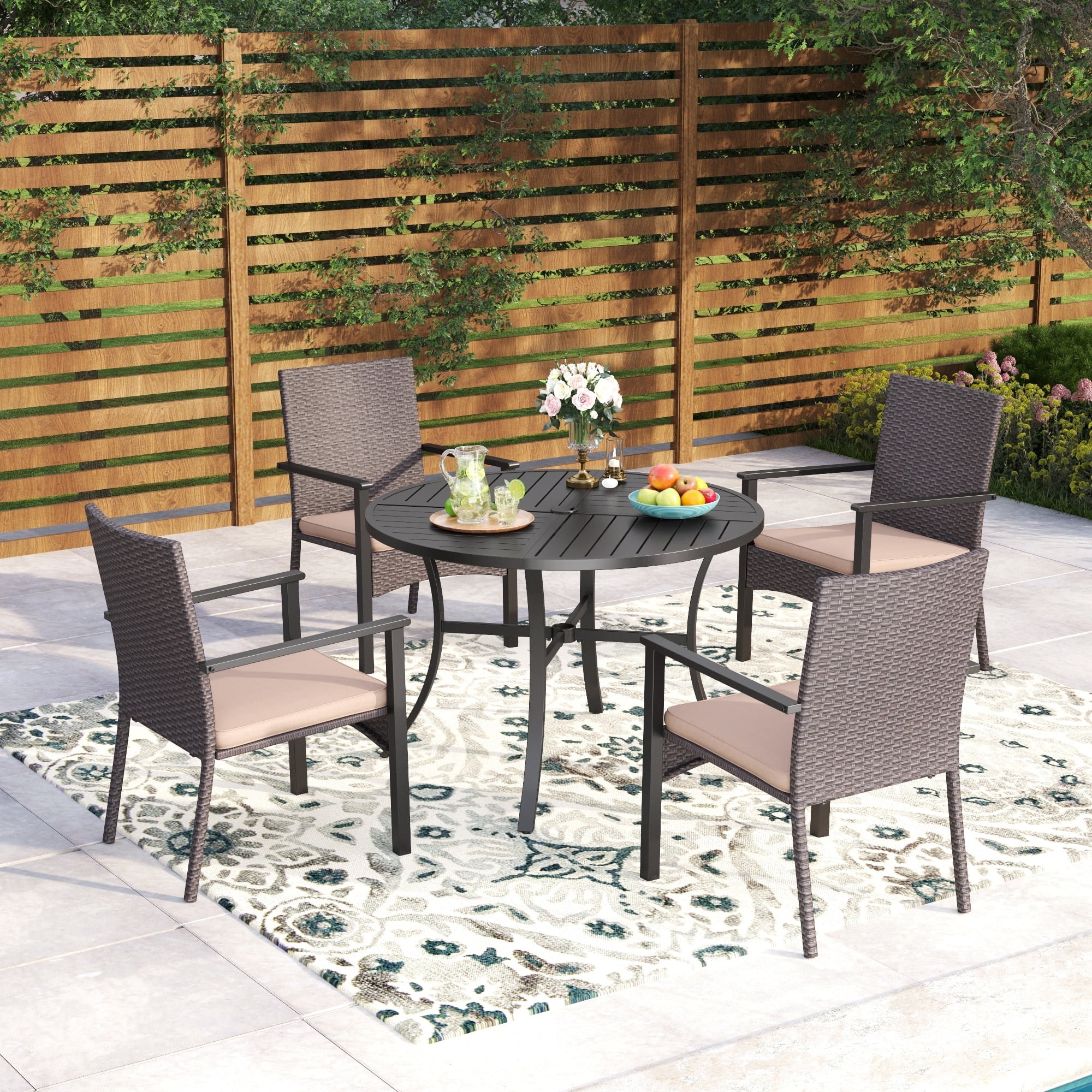 42" Round Black Metal Table with Brown Rattan Chairs Patio Set