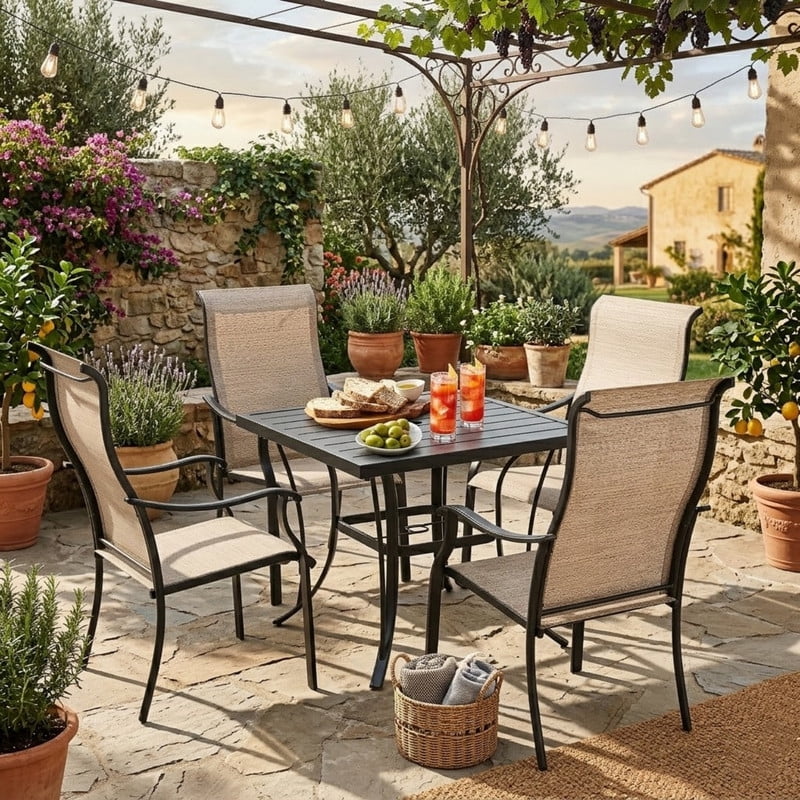 5-Piece Patio Dining Sets, Outdoor Conversation Set, 4 Textilene Dining Chairs and 1 Square Dining Table with Iron Slat Table Top