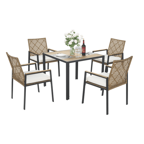 5-Piece Patio Dining Table Sets,All Weather Patio Furniture Sets Acacia Wood Table Top with Umbrella Hole,Yellow