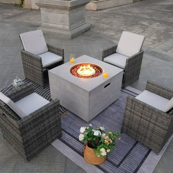 5 Piece Patio Fire Pit Set with 4 Rattan Dining Chairs and 50,000 BTU Gas Fire Pit Table Suitable for 4 People, Gray