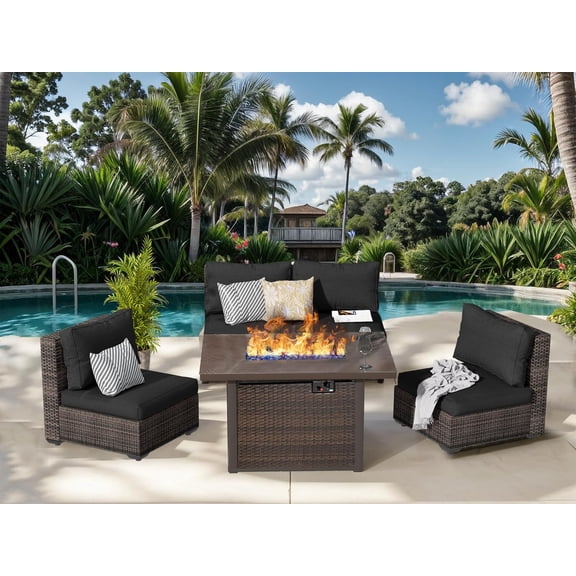 5 Piece Patio Furniture Set with 44" Fire Pit Table, Outdoor Sectional Couch, PE Rattan Patio Conversation Sets with 4inch Cushions for Backyard Black
