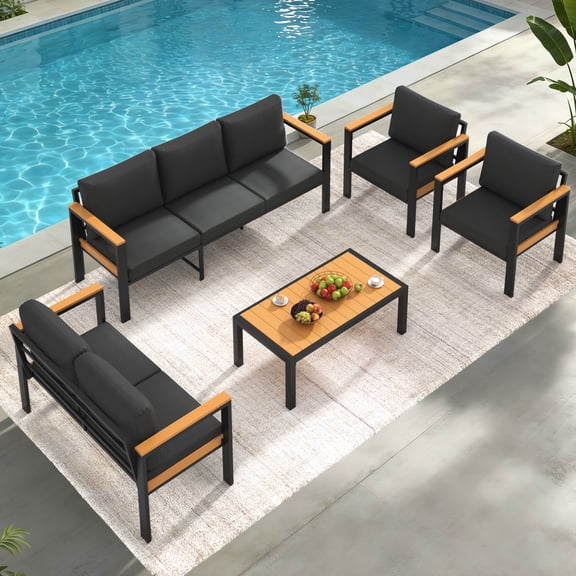 5 Piece Patio Furniture Set for 7, Metal Patio Conversation Set with Coffee Table, All-Weather Outdoor Furniture for Porch, Balcony and Sunroom, Gray/Black