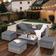 5 Piece Patio Furniture Set, All-Weather Outdoor Conversation Set with Lift-top Coffee Table & Ottomans, Adustable Backrest Wicker Sectional Seating Group for Patio Deck Garden Pool, Gray