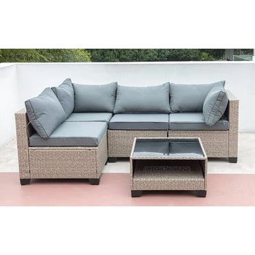 5-Piece Patio Furniture Set with Flexible Assembly，Boho Outdoor Conversation Set Sectional Sofa with Water Resistant Thick Cushions, for  Terrace, Garden, Gray