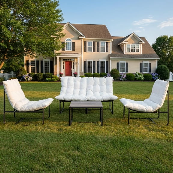 5 Piece Patio Furniture Set, Metal Outdoor Conversation Set for 4, All Weather Patio Bistro Sets, Modern Outdoor Patio Sectional Set, Patio Chairs and Bistro Table for Lawn/Balcony/Deck, White