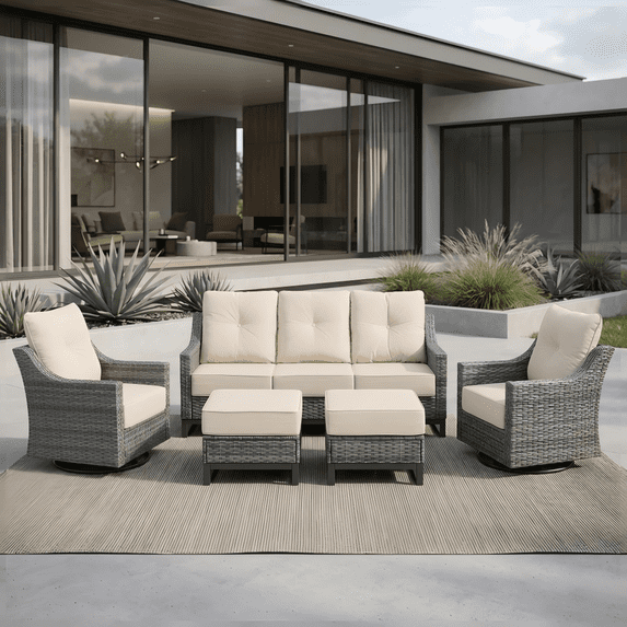 5 Piece Patio Furniture Set, Outdoor Conversation Set with 3-Seat Sofa, 2 Swivel Glider Chairs & 2 Ottomans, PE Wicker Patio Set with 6 Inch Olefin Cushions for Porch, Deck, Backyard, Grey/Beige