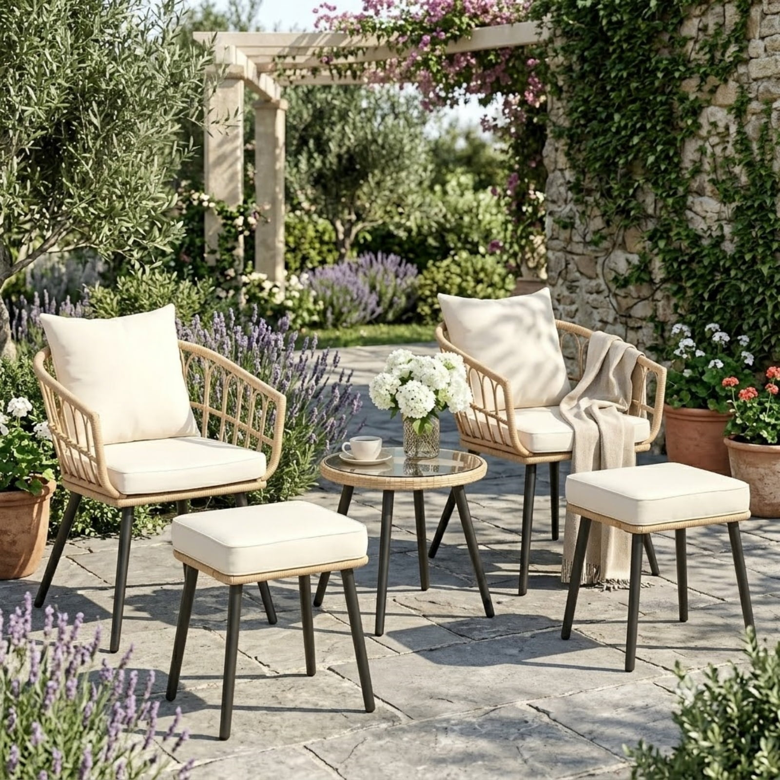 5 Piece Patio Furniture Set, Outdoor Wicker Small Bistro Set, All-Weather PE Rattan Patio Conversation Set with Ottoman & Coffee Table for Balcony Porch Deck Yard Poolside
