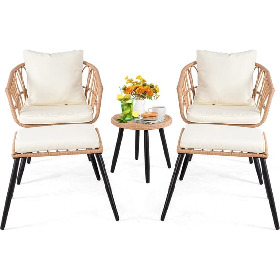 5 Piece Patio Furniture Set, Outdoor Wicker Small Conversation Bistro Set, All-Weather PE Rattan Chairs with Ottoman & Coffee Table, Ideal for Balcony Porch Deck Yard Poolside (Yellow/Beige)