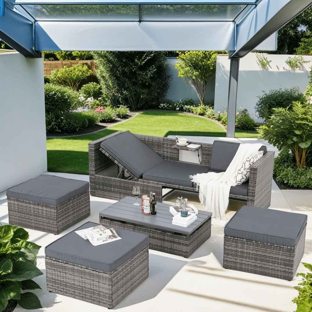 5 Piece Patio Furniture Sets All Weather Outdoor Conversation Sets with Adustable Backrest Lift Top Coffee Table PE Rattan Wicker Patio Sectional