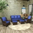thumbnail image 1 of 5 Piece Patio Furniture Sets, All-Weather Wicker Conversation Sets, Outdoor Rattan Sectional Sofa Chair with Cushions and 2 Ottoman for Balcony, Garden, Backyard, Navy Blue, 1 of 9