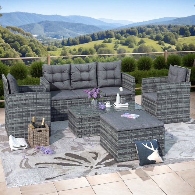 5 Piece Patio Furniture Sets Outdoor Conversation Sets With Glass Coffee Table Wicker Rattan 7533