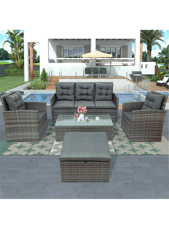 5 Piece Patio Furniture Sets, Outdoor Conversation Sets with Glass Coffee Table, Wicker Rattan Sectional Sofa Couch with Storage Bench, Ottomans & Cushions for Garden, Pool, Backyard (Gray)