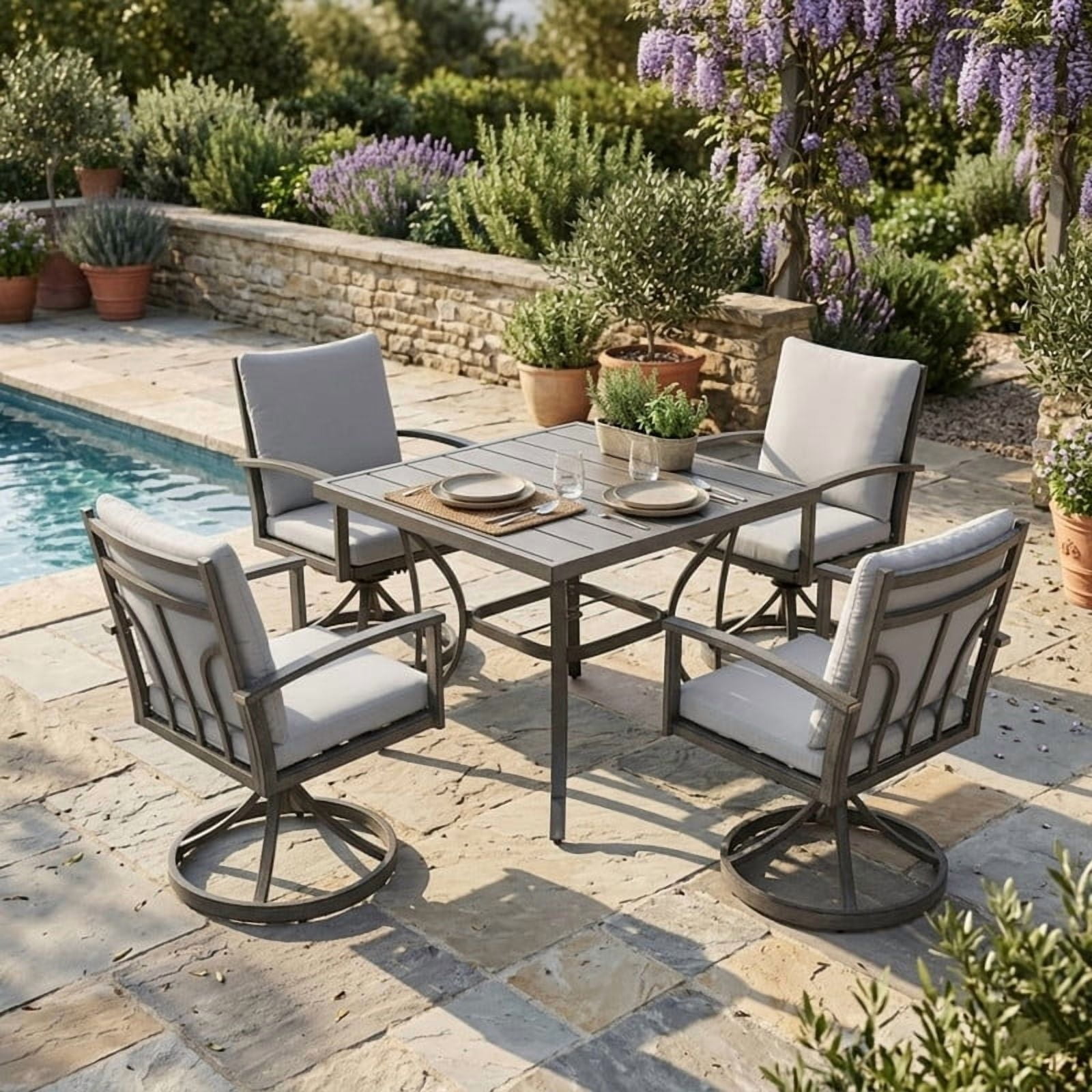 5-Piece Patio Outdoor Dining Set,Aluminum Outdoor Patio Table and Chairs Set for 4 includes 1 Square Dining Table and 4 Swivel Dining Chairs