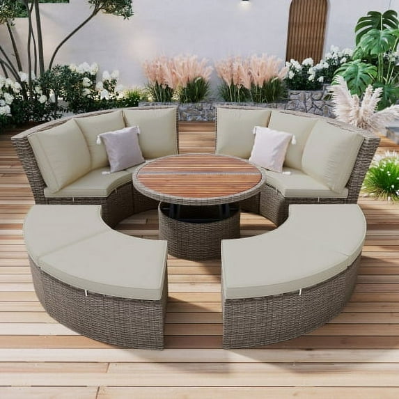 5-Piece Patio Round Rattan Sectional Sofa Set, PE Wicker Sunbed Daybed with Round Liftable Table and Washable Cushions, Patio Conversation Set for Outdoor Backyard Poolside, Gray