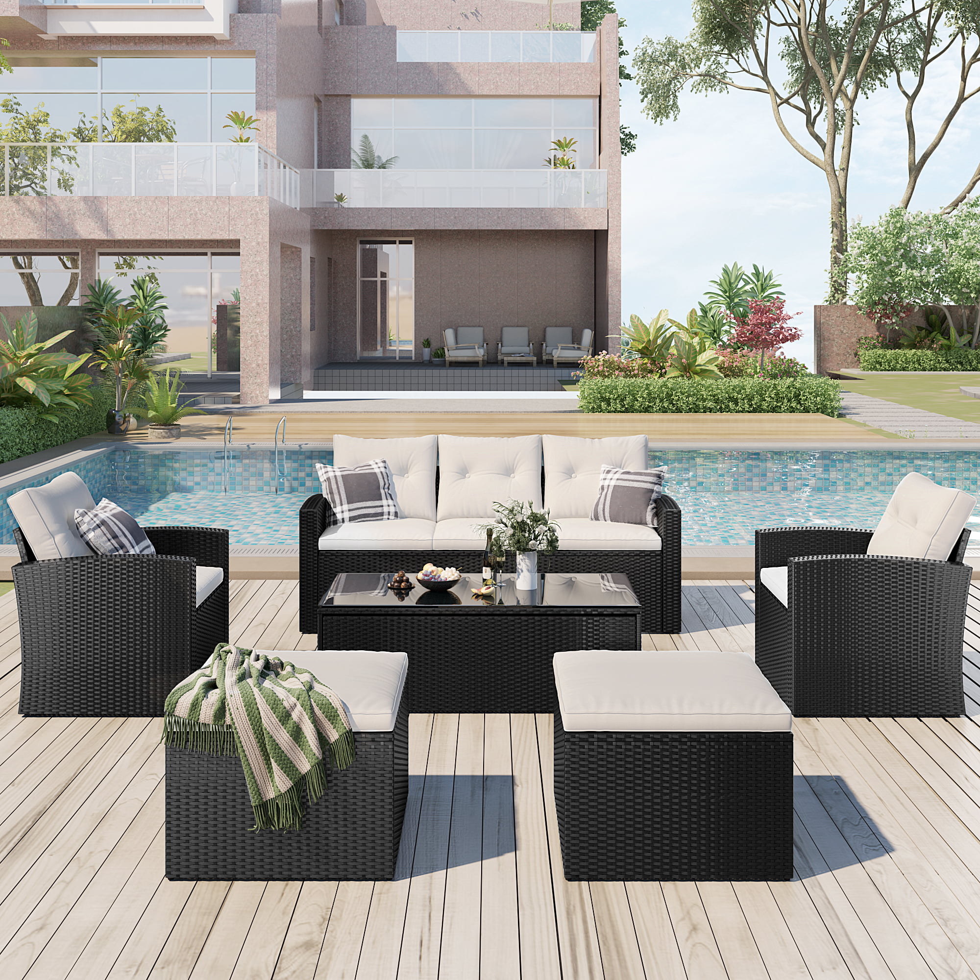 6 Piece Patio Sectional Sofa Set, Outdoor Conversation Set, All-Weather Wicker Sectional Seating Group with Cushions & Coffee Table, Modern Furniture Couch Set for Patio Deck Garden Pool, Beige - image 1 of 9