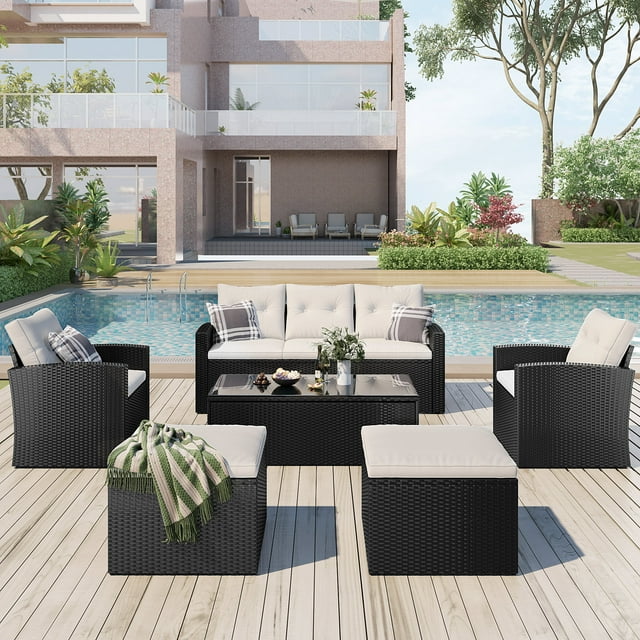 6 Piece Patio Sectional Sofa Set, Outdoor Conversation Set, All-Weather Wicker Sectional Seating Group with Cushions & Coffee Table, Modern Furniture Couch Set for Patio Deck Garden Pool, Beige