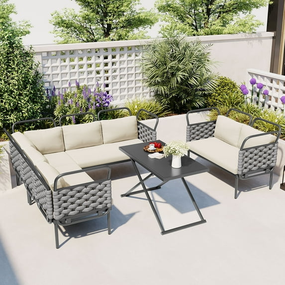 5-Piece Patio Sectional Sofa Set Outdoor Woven Rope Furniture Conversation Set with Glass Table and Cushions for Garden Backyard Porch Poolside