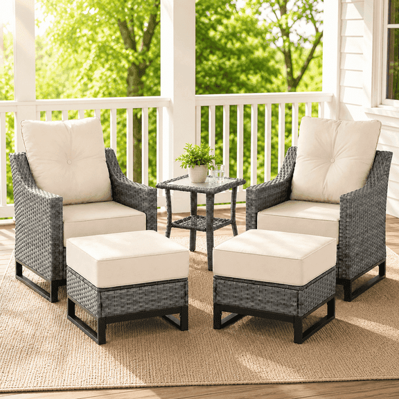 BelvaraHome 5-Piece PE Wicker Patio Furniture with 2 Chairs, 2 Ottomans & Side Table, 6-inch Olefin Cushions, Gray/Beige