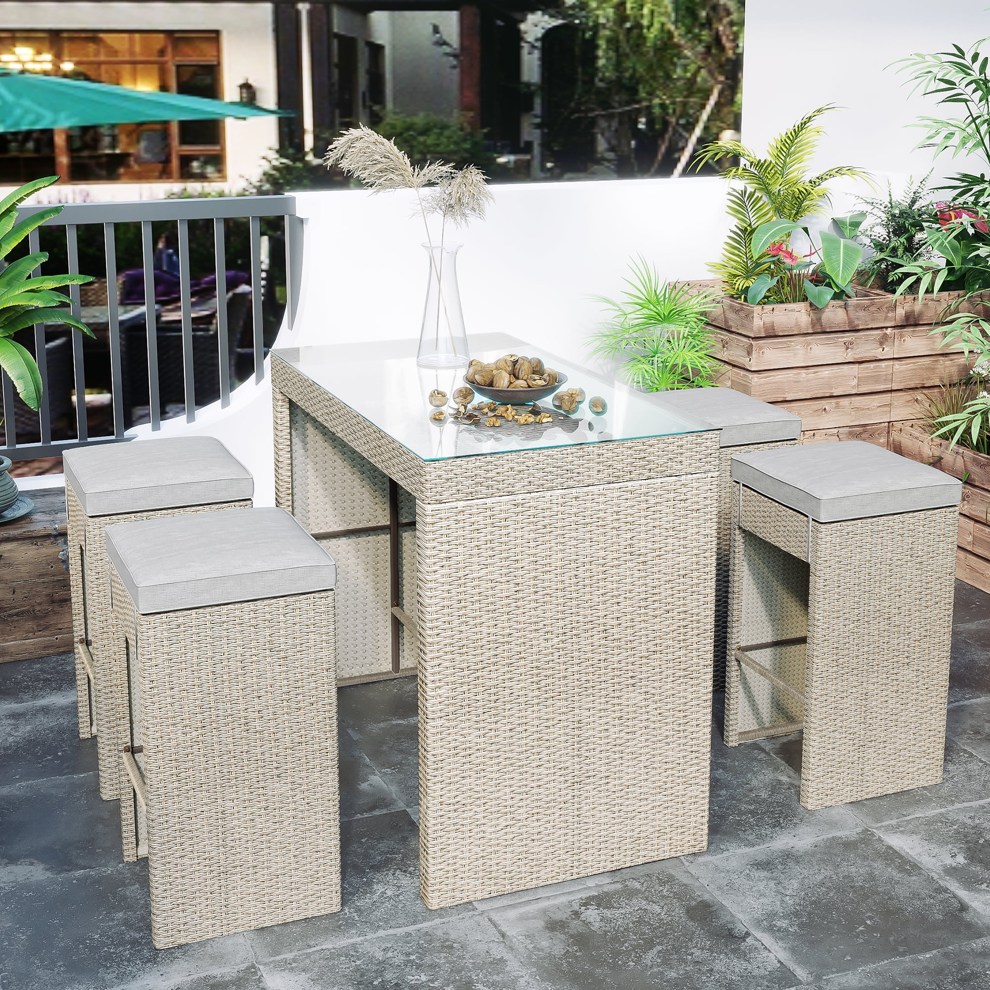 5 Piece Patio Wicker Dining Table Set, Outdoor Bar Height Bar Table Set