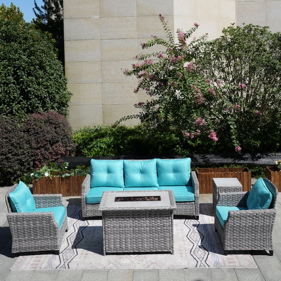 5-Piece Patio Wicker Sofa Set with Firepit Table and Rain cover