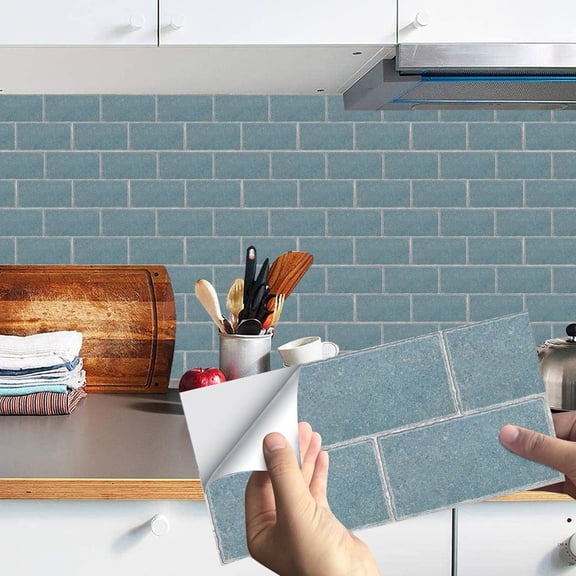 5 Piece Peel and Stick Tiles Stickers Wall Decals 11.8'' x 5.9'' Light Blue Mosaic Brick Waterproof Self Adhesive Backsplash Kitchen Bathroom