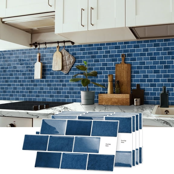 5 Piece Peel and Stick Wall Tile Stickers Decals 6x12in Self-Adhesive Waterproof PVC Blue 3D Texture Brick Marbling Kitchen Backsplash