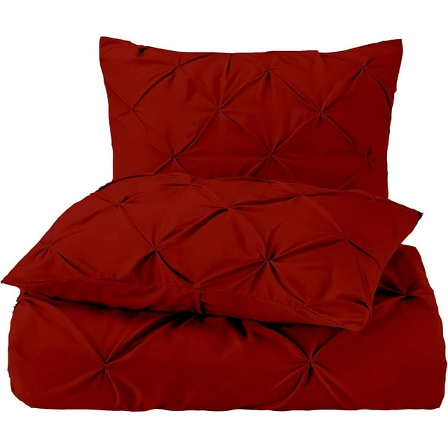 5 Piece Pinch Pleated Pintuck Duvet Cover Set With Zipper Closure , 100% Egyptian Cotton, 400 Thread Count, Extra Smooth and Luxirous, Burgundy Solid, Oversize Queen Size.