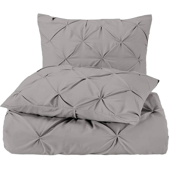 5 Piece Pinch Pleated Pintuck Duvet Cover Set With Zipper Closure , 100% Egyptian Cotton, 400 Thread Count, Extra Smooth and Luxirous, Light Grey Solid, Oversized King Plus Size.