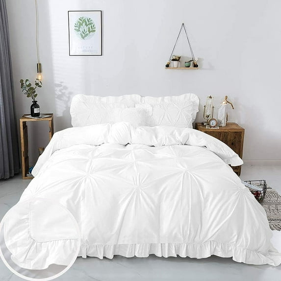 5 Piece Pinch Ruffle Duvet Cover Set, Extra Soft, Luxury,100% Egyptian Cotton, Zipper Closure and Quilts Cover Set, Cool and Breatheable Bedding Sets White and White Solid,Full Size.