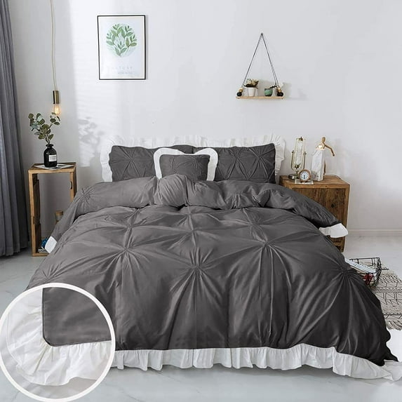 5 Piece Pinch Ruffle Duvet Cover Set, Extra Soft, Luxury,100% Egyptian Cotton, Zipper Closure and Quilts Cover Set, Cool and Breatheable Bedding Sets Dark Gray and White Solid, Twin Size.