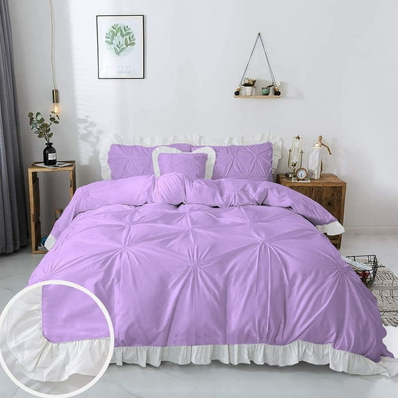 5 Piece Pinch Ruffle Duvet Cover Set, Extra Soft, Luxury,100% Egyptian Cotton, Zipper Closure and Quilts Cover Set, Cool and Breatheable Bedding Sets Lavender and White Solid, Over Size Queen Size.