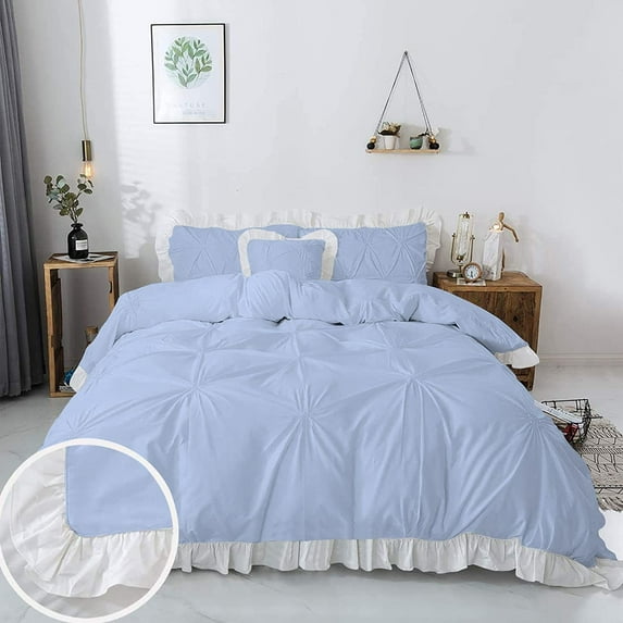 5 Piece Pinch Ruffle Duvet Cover Set, Extra Soft, Luxury,100% Egyptian Cotton, Zipper Closure and Quilts Cover Set, Cool and Breatheable Bedding Sets Light Blue and White Solid,Full Size.