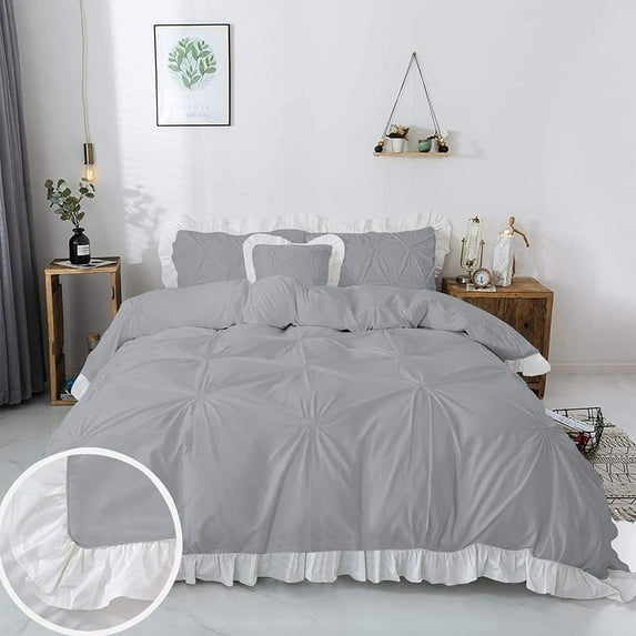 5 Piece Pinch Ruffle Duvet Cover Set, Extra Soft, Luxury,100% Egyptian Cotton, Zipper Closure and Quilts Cover Set, Cool and Breatheable Bedding Sets Light Grey and White Solid,Full Size.