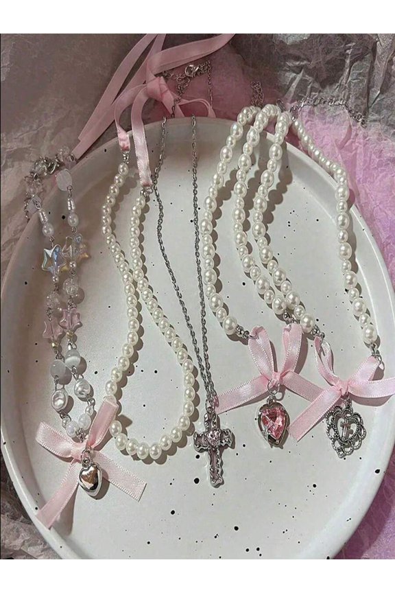 5-Piece Pink Pearl & Bow Pendant Necklace Set, Silvertone Metal, Heart Cross Charms