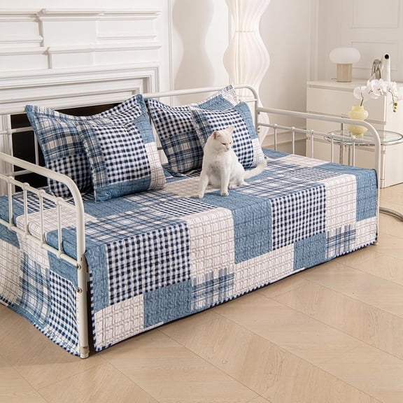 5-Piece Plaid Daybed Cover Set with Shams & Pillowcases - Soft Microfiber Bedding for All Seasons - Gray Blue 39x75