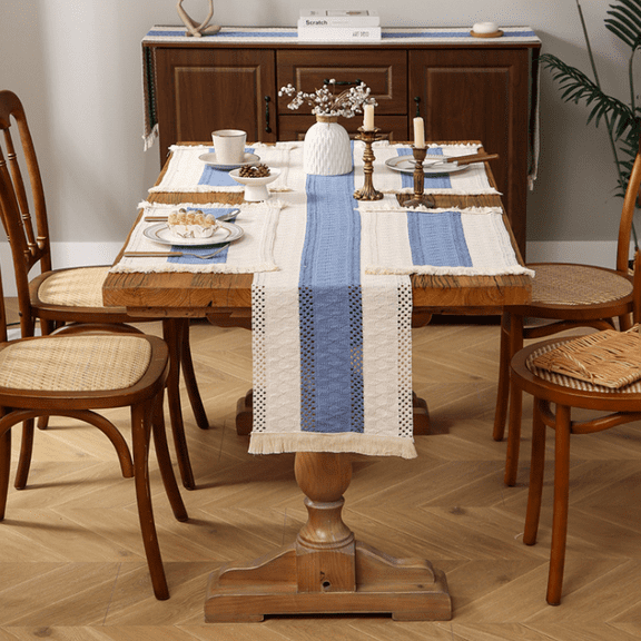 5-Piece Polyester Linen Blend Table Runner & 4 Placemats Set, Striped Farmhouse Decor with Tassels