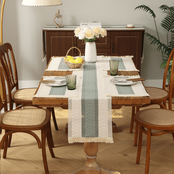 5-Piece Polyester Linen Blend Table Runner & 4 Placemats Set, Striped Farmhouse Decor with Tassels