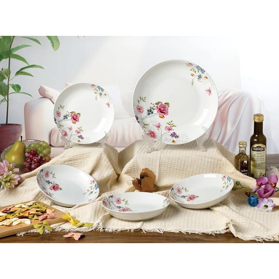 5 Piece Porcelain Pasta Set, 1 Serving Bowl and 4 Individual Bowls, Floral Design
