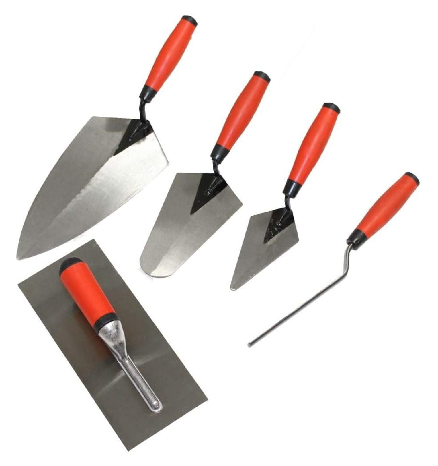: 5 Piece Professional Masonry Trowel Set | Tempered Steel Blades | Contains 13" Brick jointer, 6" Pointing Trowel, 7" Gauging trowel, 11" Brick trowel, 11" Plastering Trowel