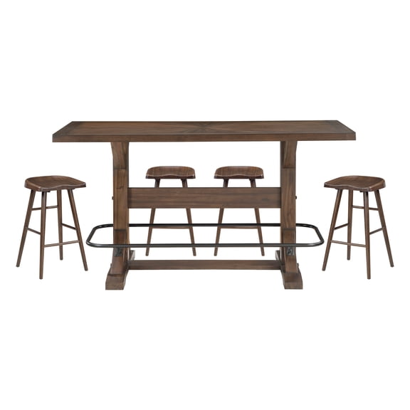 5-Piece Pub Height Dining Set with Brown Finish, Wood Frame, and Metal Footrest
